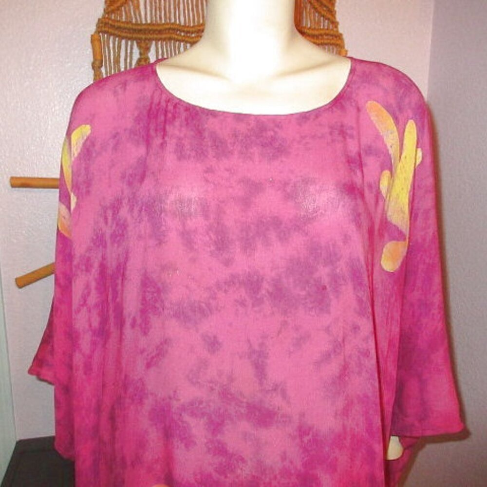 Vtg Wild Woman Batik Kimono Tunic Caftan Fringe Dress Hippie Boho Lagenlook OS - Picture 2 of 13